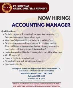 PT Smelting Butuh Accounting Manager, Kirim Lamaranmu Maksimal 5 April