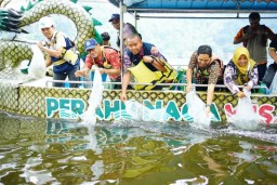 Jaga Keseimbangan Ekosistem Telaga Ngebel, PJT I Tebar 30 Ribu Benih Ikan