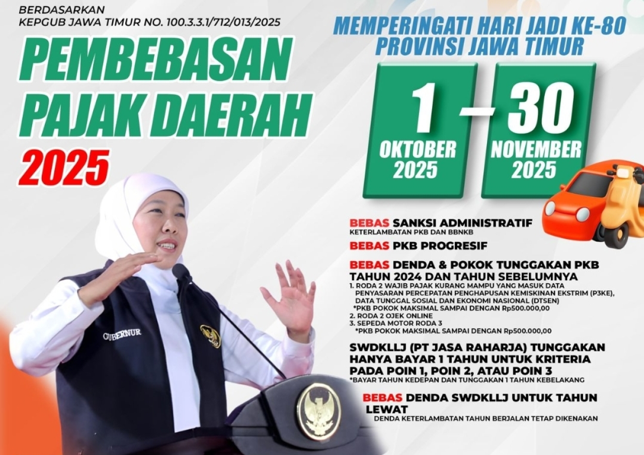 Gubernur Jawa Timur Khofifah Indar Parawansa menghadirkan kado spesial berupa pembebasan pajak daerah bagi masyarakat.