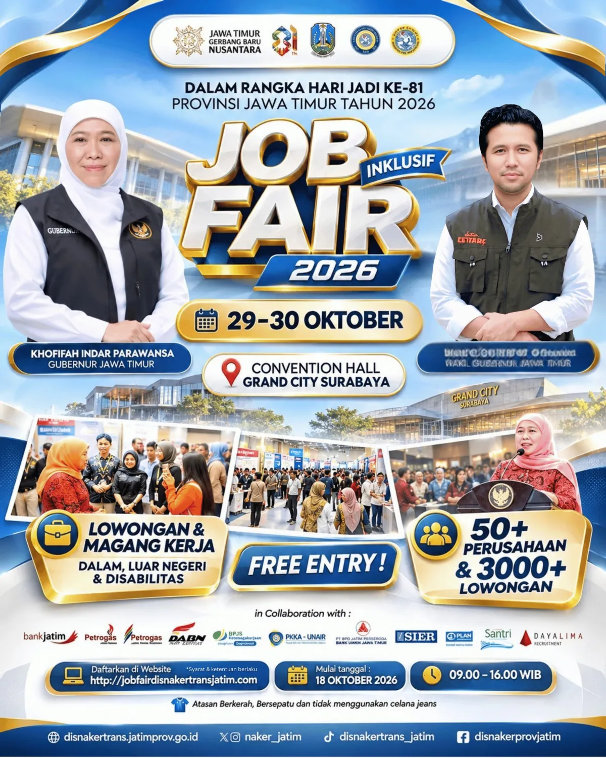 Gubernur Khofifah Ajak Masyarakat Manfaatkan Job Fair Inklusif 2026  Yang Dimulai Hari ini di Grand City Surabaya